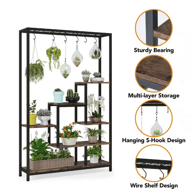 Seller Wellston 70.86 in. Brown 5-Tier Wooden Indoor Plant Stand, Tall Flower Rack with 10-Hook - Ouch Cart 
