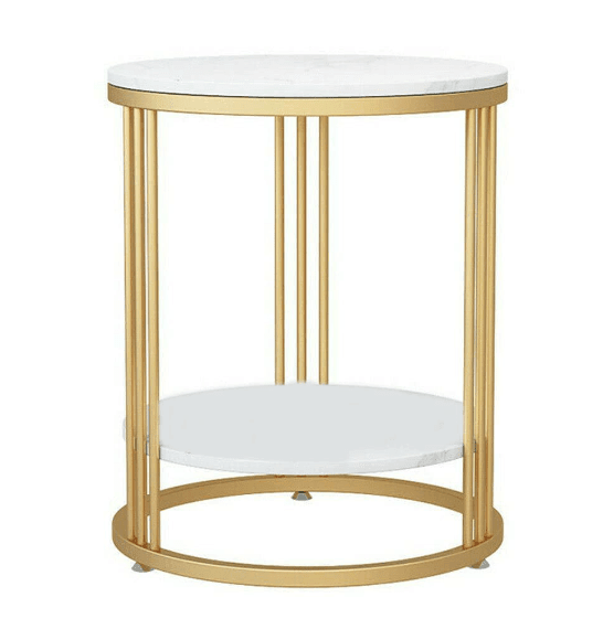 Accent Coffee Table Simple Modern Bedside Cabinet Small Round Table MDF Top Metal Table Living Room Sofa (Golden & White)