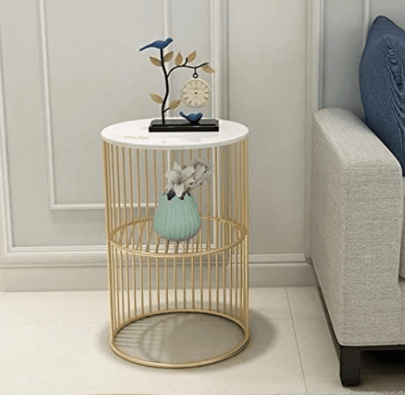 Coffee Round Accent Table for Living Room and Balcony with Metal & Engineered Wood Tabletop and Gold Coated Colour Frame -White-Gold-Jali - Ouch Cart 