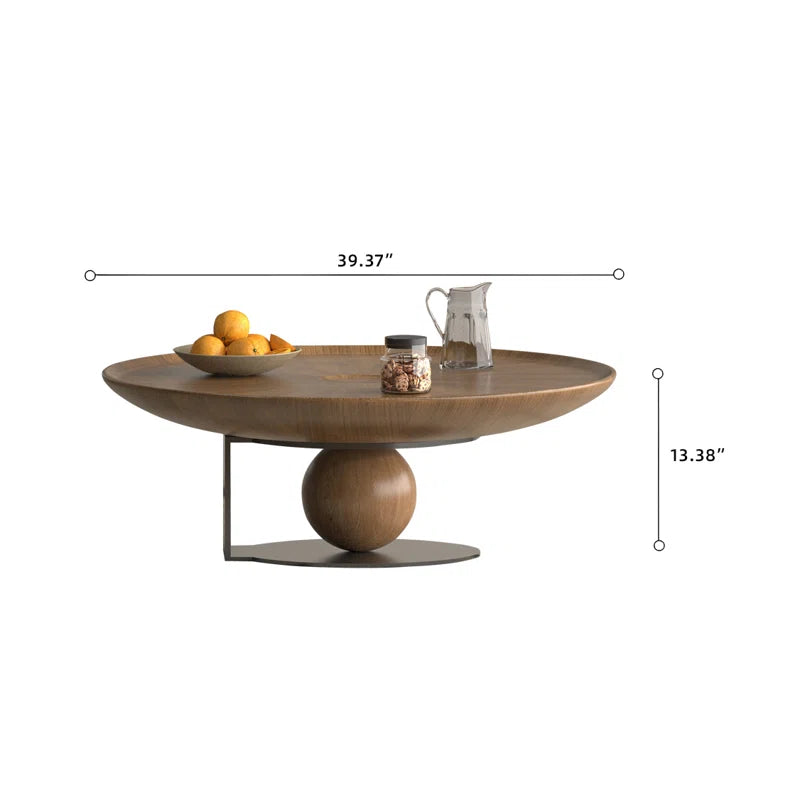 Walnut Round Solid Wood Coffee Table With Spherical Base, Carbon Steel