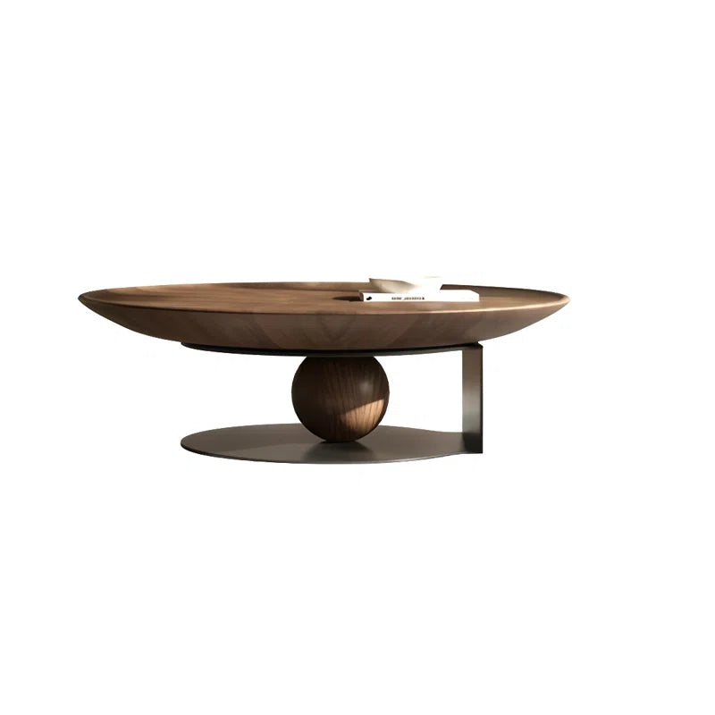 Walnut Round Solid Wood Coffee Table With Spherical Base, Carbon Steel