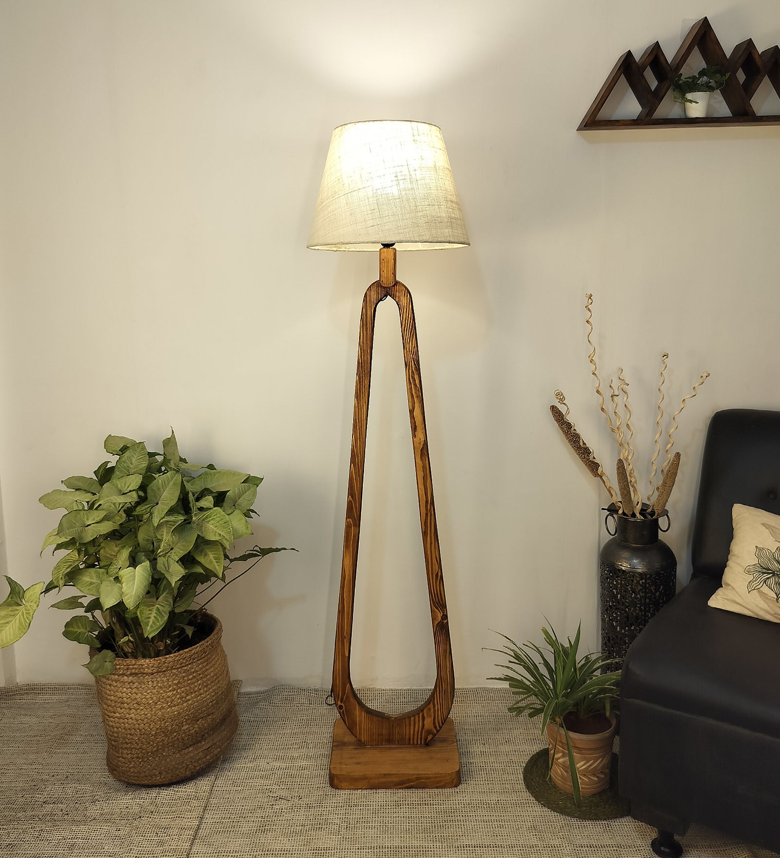 Cavern Wooden Floor Lamp with Brown Base and Jute Fabric Lampshade