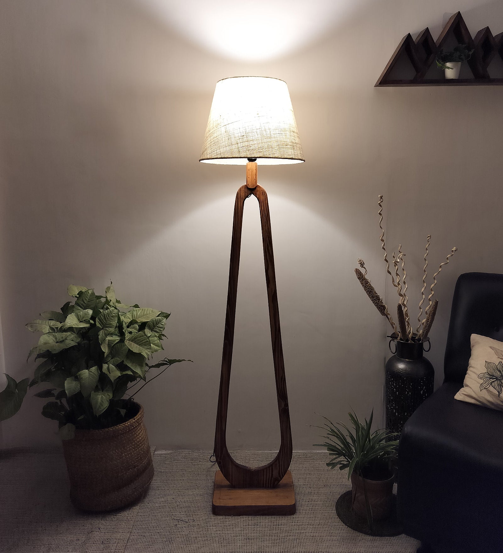 Cavern Wooden Floor Lamp with Brown Base and Jute Fabric Lampshade