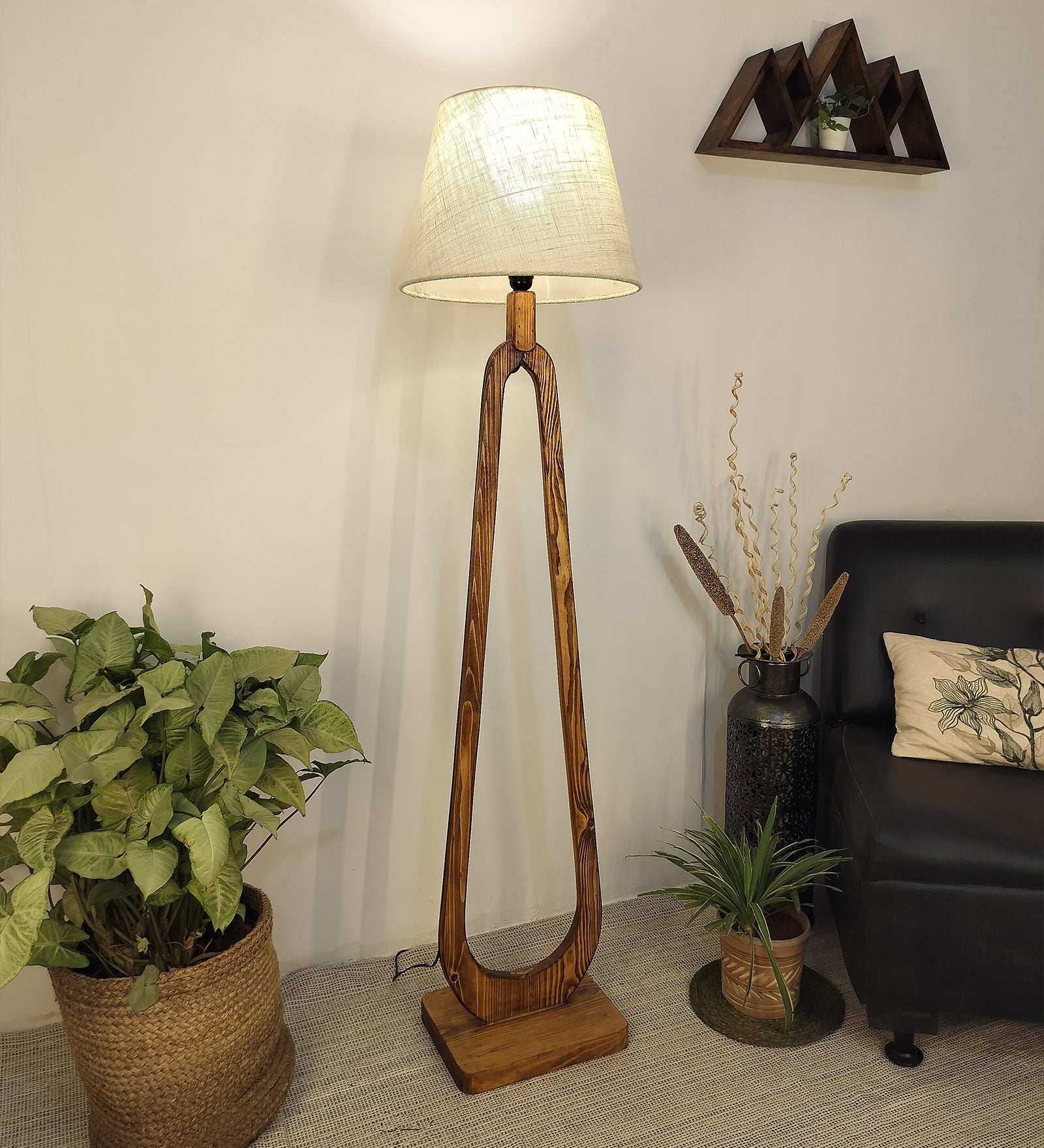 Cavern Wooden Floor Lamp with Brown Base and Jute Fabric Lampshade