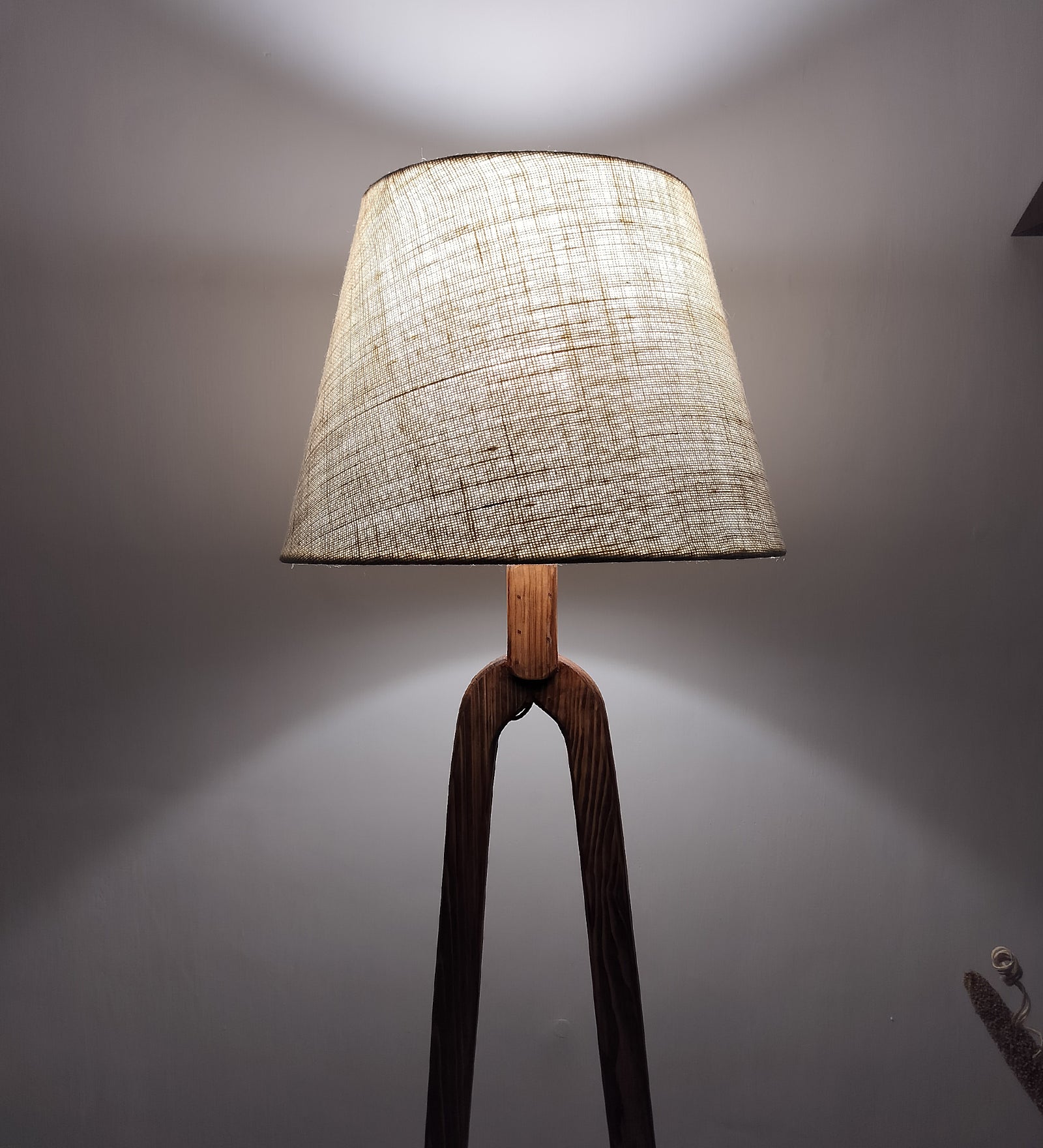 Cavern Wooden Floor Lamp with Brown Base and Jute Fabric Lampshade