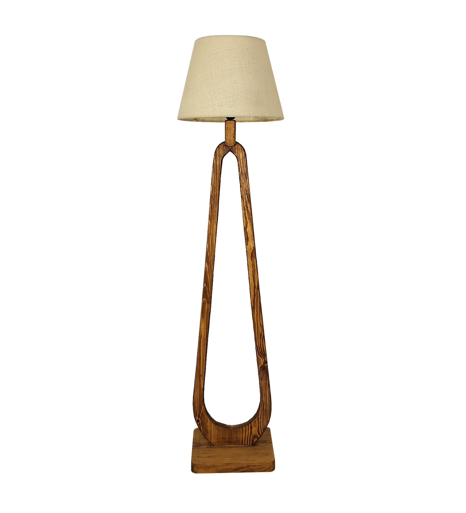 Cavern Wooden Floor Lamp with Brown Base and Jute Fabric Lampshade