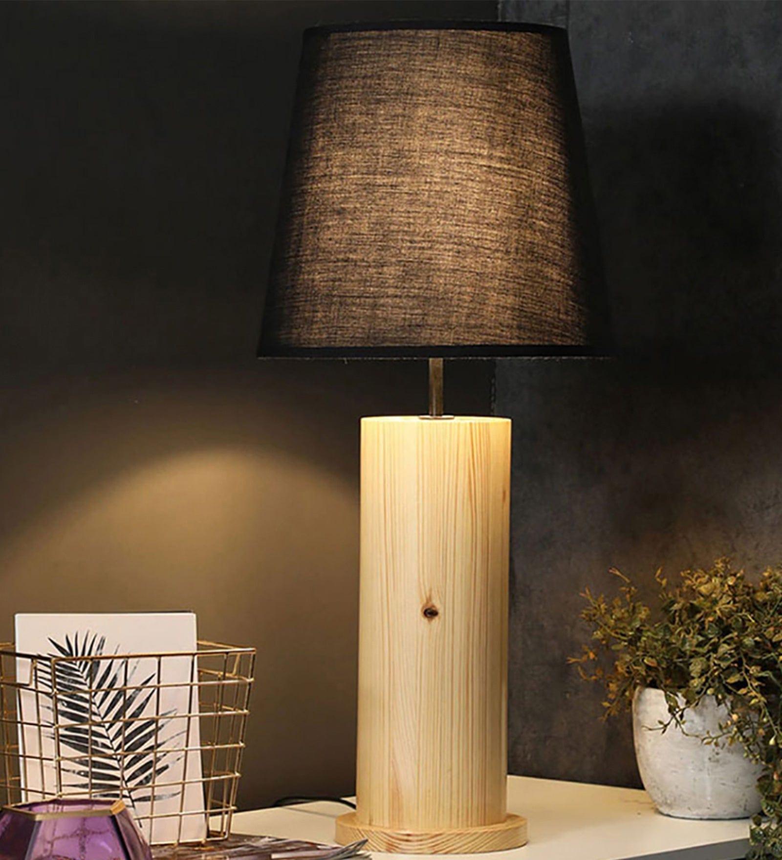 Cedar Brown Wooden Table Lamp with Yellow Printed Fabric Lampshade (BULB NOT INCLUDED) - Ouch Cart 