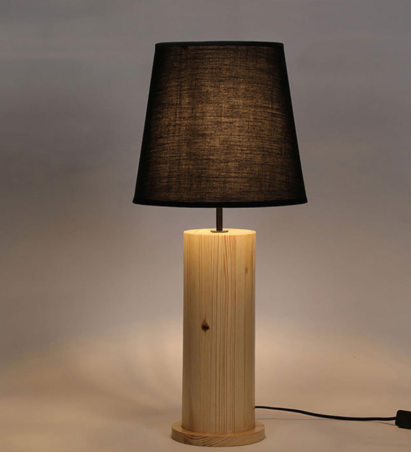 Cedar Brown Wooden Table Lamp with Yellow Printed Fabric Lampshade (BULB NOT INCLUDED) - Ouch Cart 