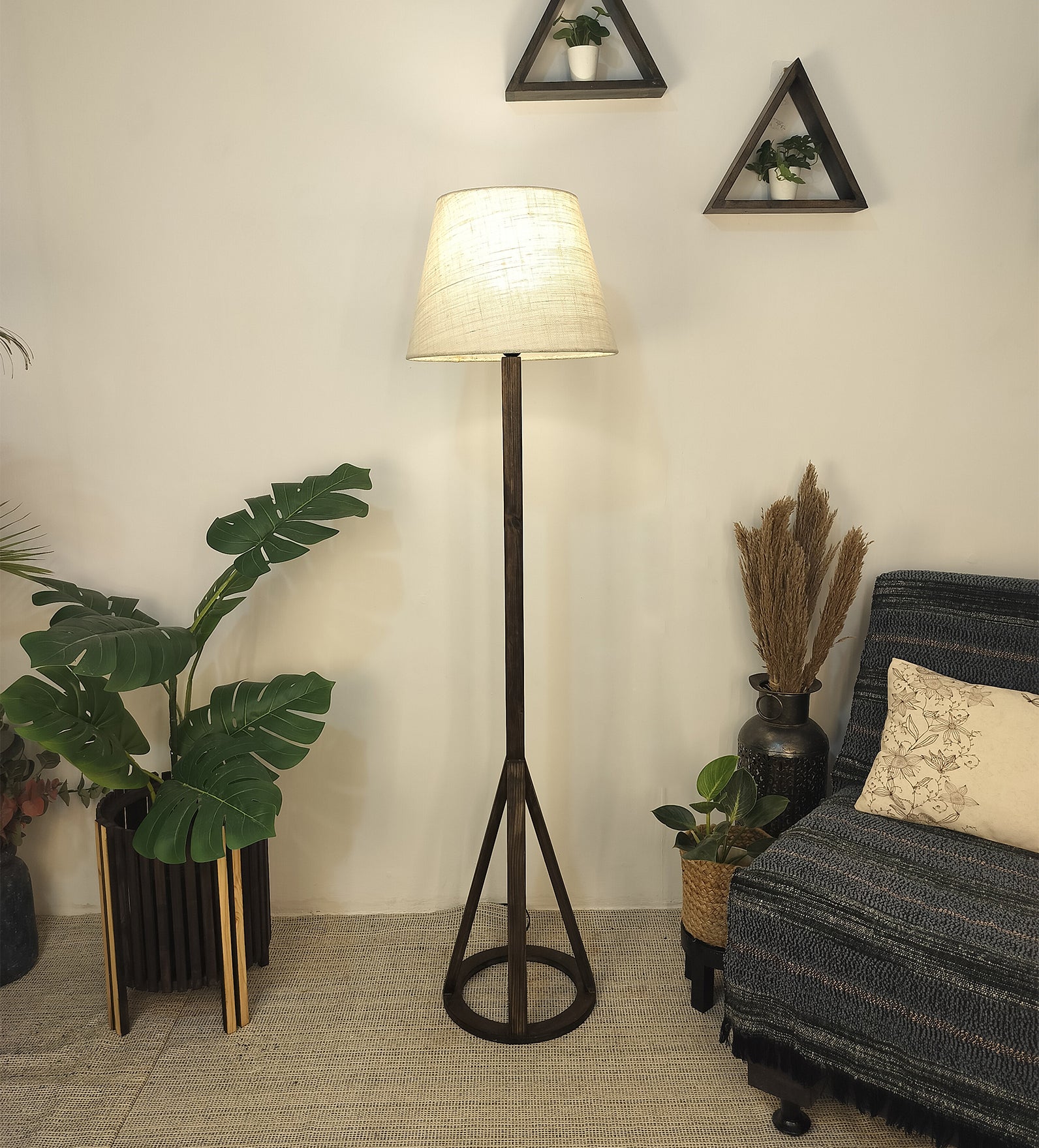 Celine Wooden Floor Lamp with Brown Base and Premium Beige Fabric Lampshade (BULB NOT INCLUDED)