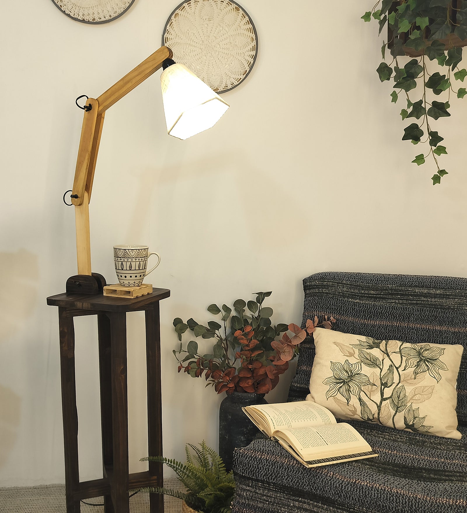 Centaur Wooden Floor Lamp with Beige Fabric Lampshade (BULB NOT INCLUDED)