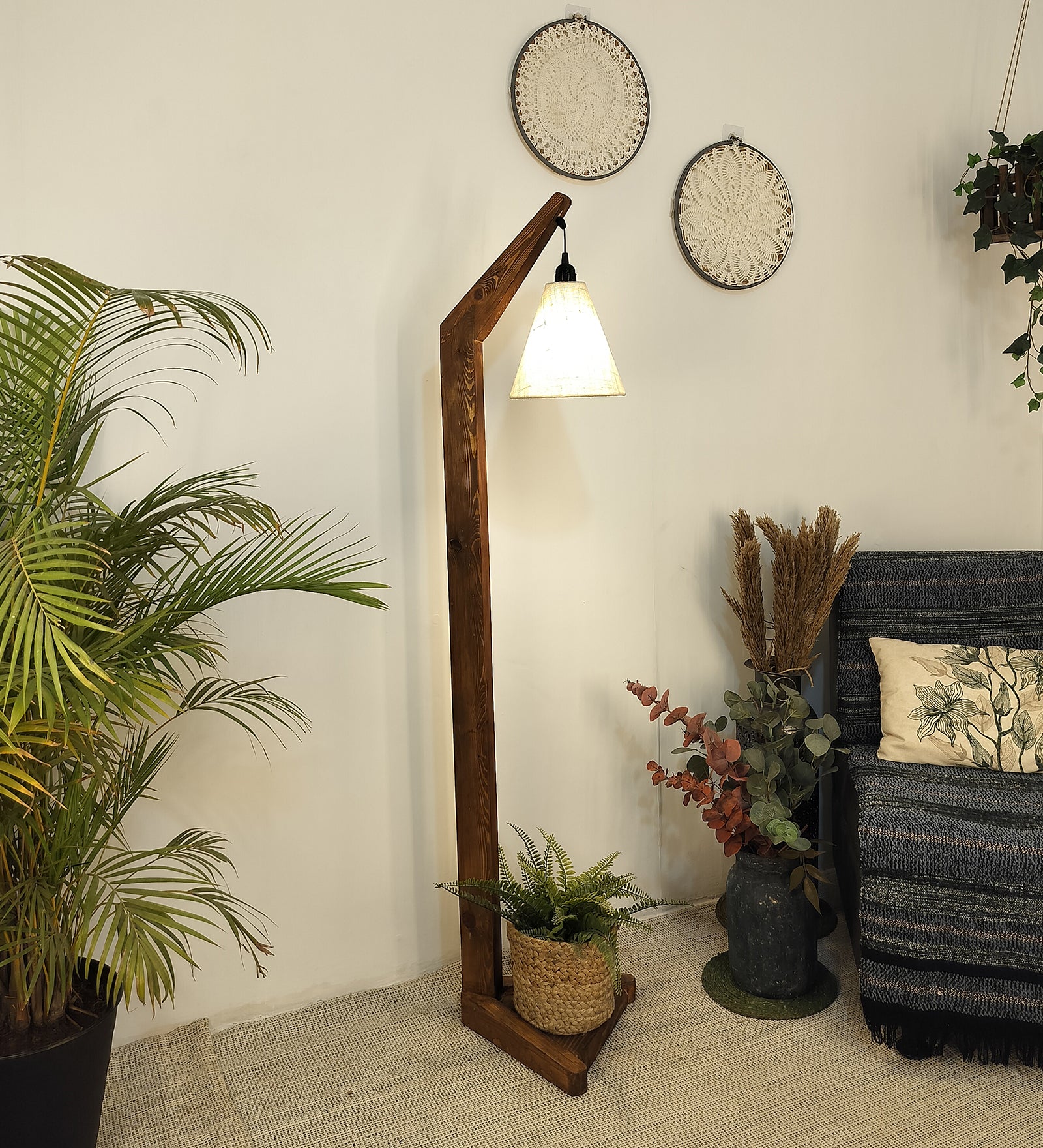 Charles Wooden Floor Lamp with Brown Base and Jute Fabric Lampshade (BULB NOT INCLUDED)