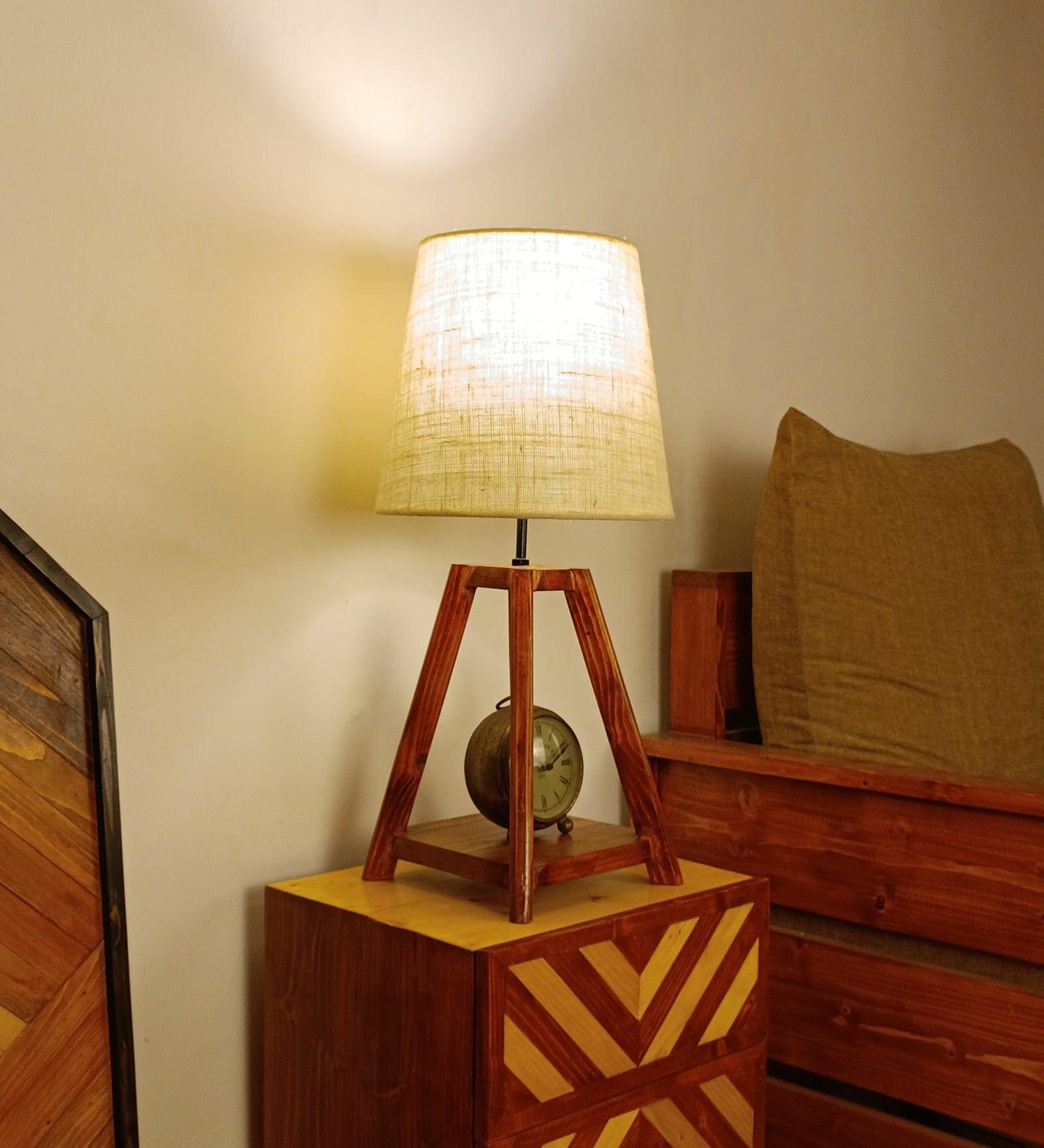 Charlotte Brown Wooden Table Lamp with White Jute Lampshade (BULB NOT INCLUDED) - Ouch Cart 