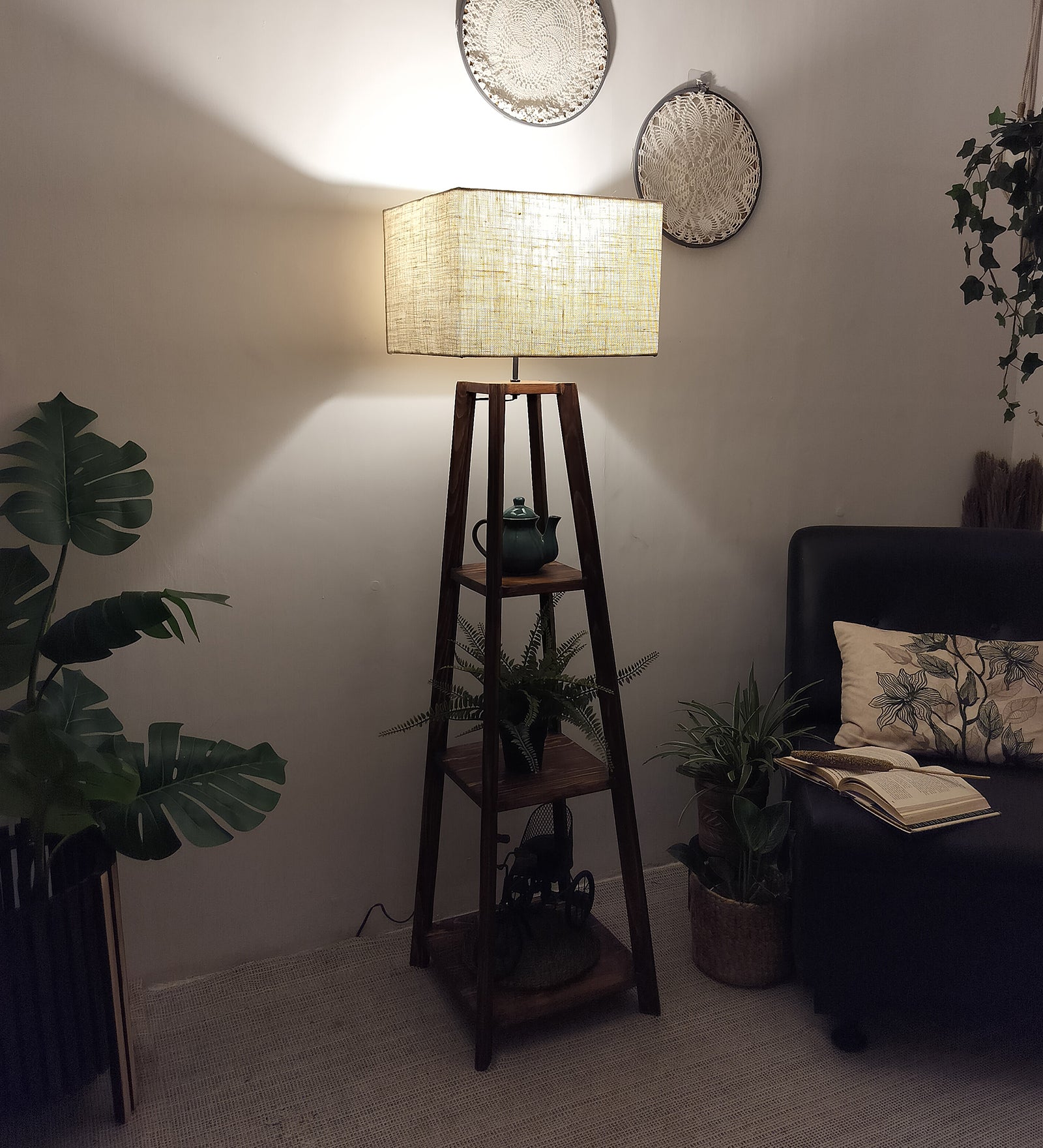 Charlotte Wooden Floor Lamp with Brown Base and Jute Fabric Lampshade (BULB NOT INCLUDED)