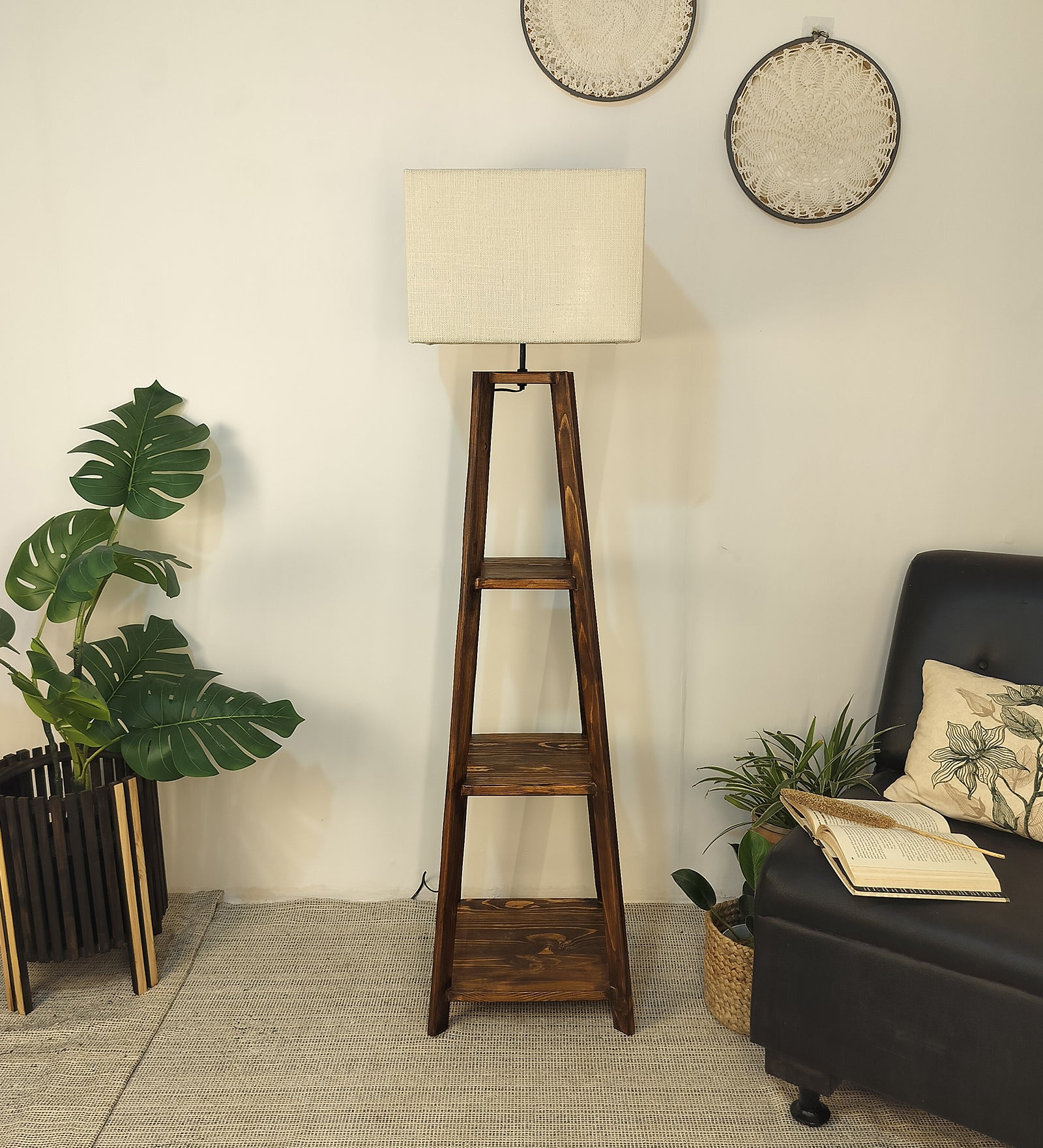 Charlotte Wooden Floor Lamp with Brown Base and Jute Fabric Lampshade (BULB NOT INCLUDED)