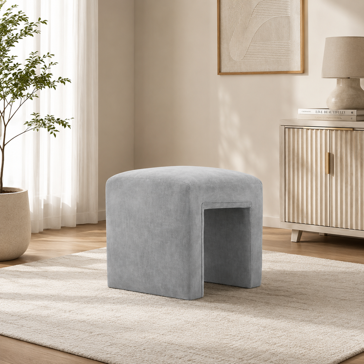Modern Boucle Vanity Stool Chair with Solid Wooden Legs | Soft Upholstered Ottoman Footstool for Makeup Vanity, Bedroom, Living Room, Entryway & Office (Taupe)