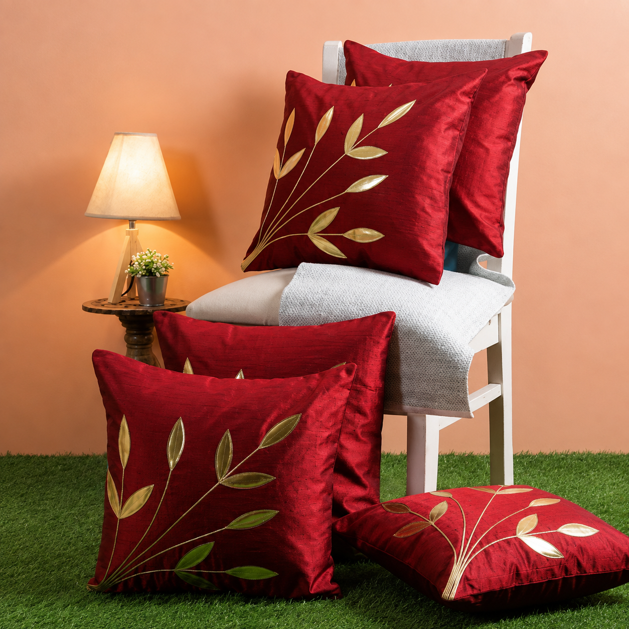 Gorgeous Brown Silk Cushion Covers – Elegant Leaf Embroidery