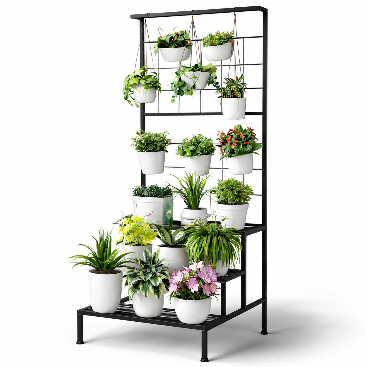 Plant Stand 3-Tier Hanging Shelves Flower Pot Organizer Multiple Flower Display Holder Indoor Outdoor Heavy Duty Potted Planter Rack Unit with Grid Panel for Living Room Balcony