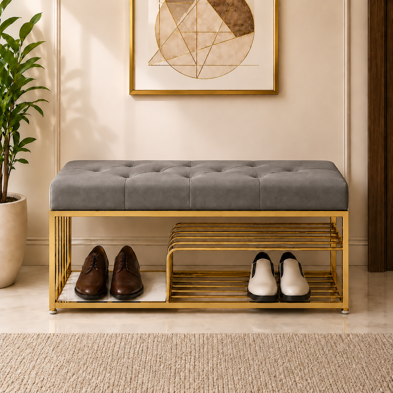 Velvet Upholstered Entryway Shoe Rack Bench with Storage