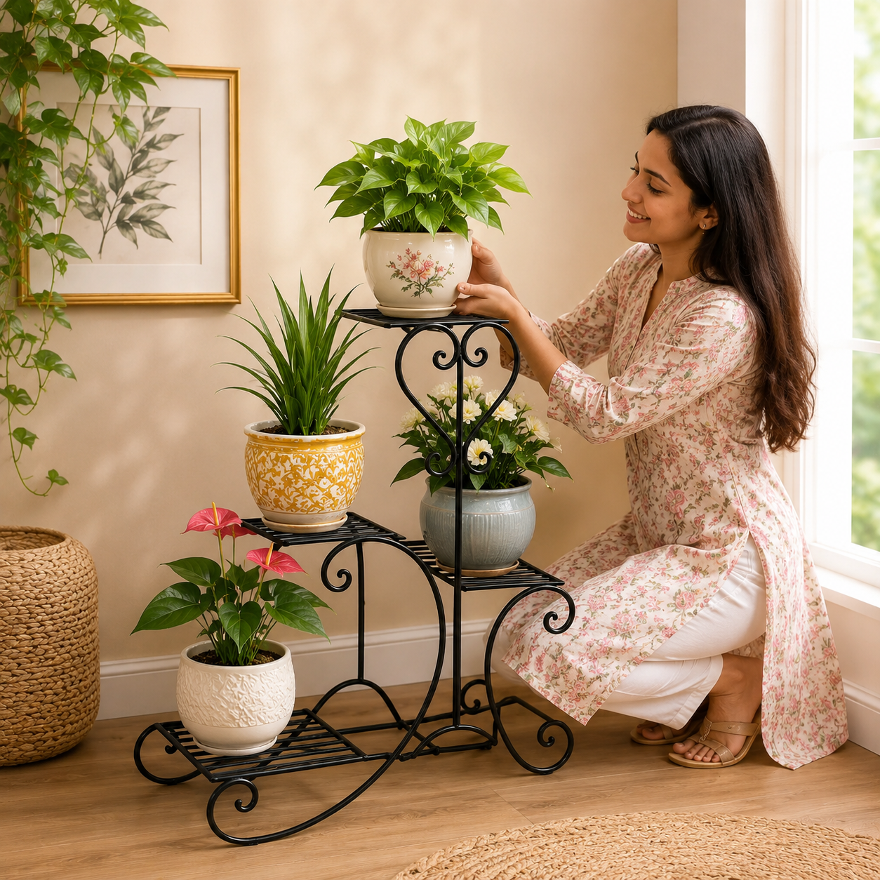 Metal Plant Stand Flower Holder Racks 4 Tier Shelves Patio Indoor Outdoor Garden Displaying Wrought Iron Flowers Planters Shelf Organizer