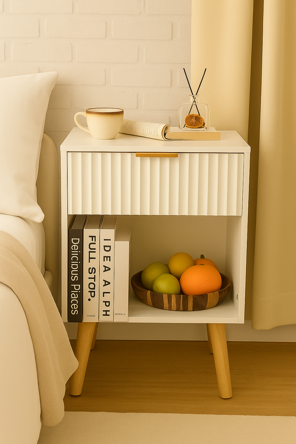 Mid Century Modern Nightstand, Wood Bedside Table with Drawer and Opening Storage, End Table Living Room Fluted Night Stand with Solid Wood Legs for Bedroom
