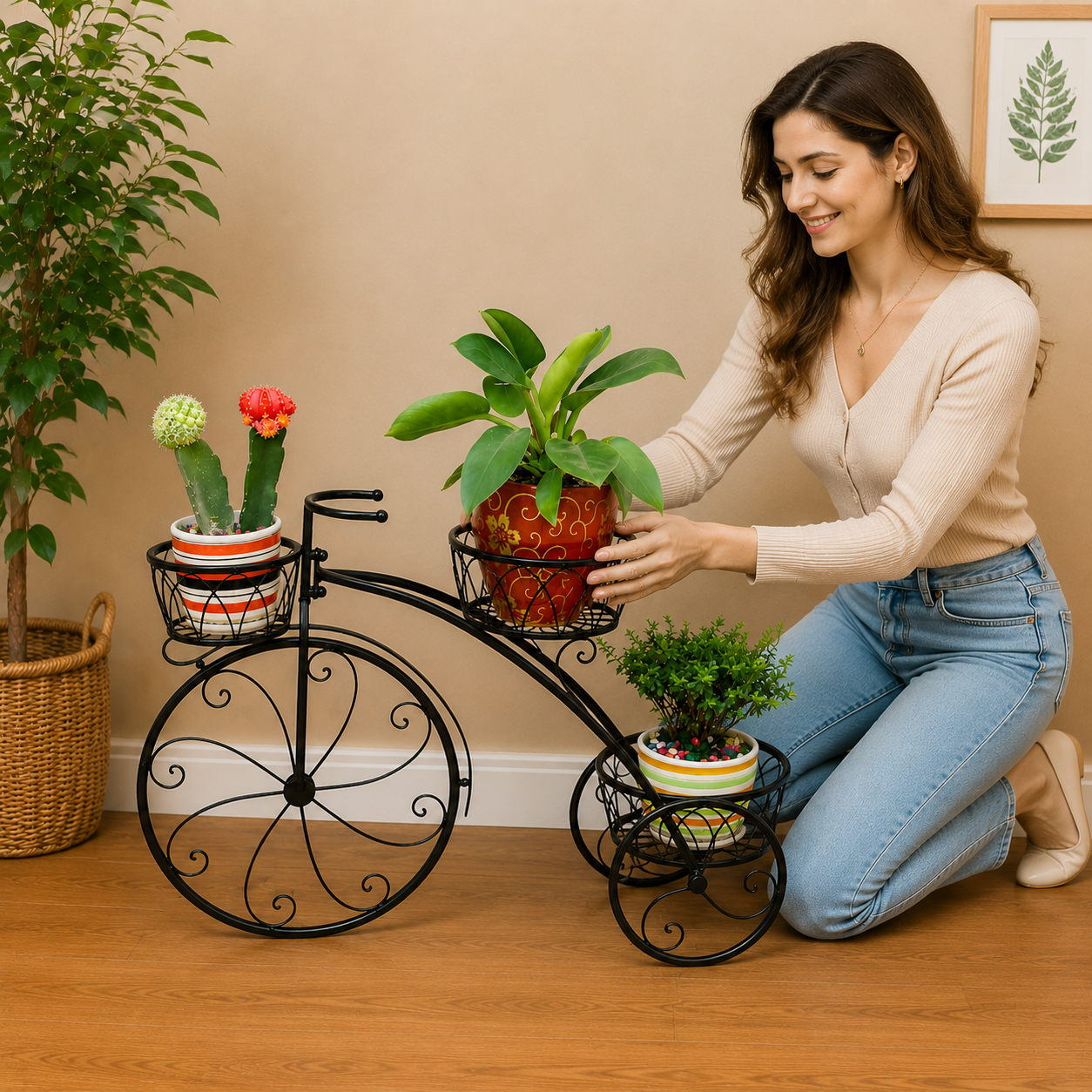 Decorative Bicycle Plant Stand | 3-Tier Metal Flower Pot Holder for Balcony, Garden & Living Room | Cycle Shape Planter Rack