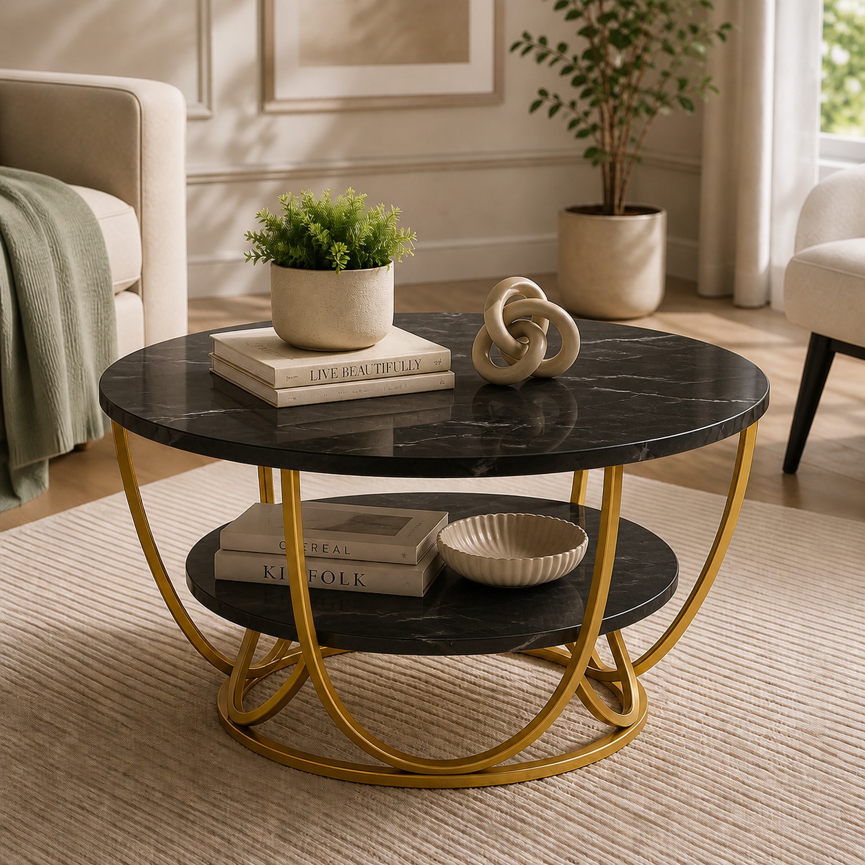 Round Gold Coffee Table,2 Tier Coffee Tables for Living Room