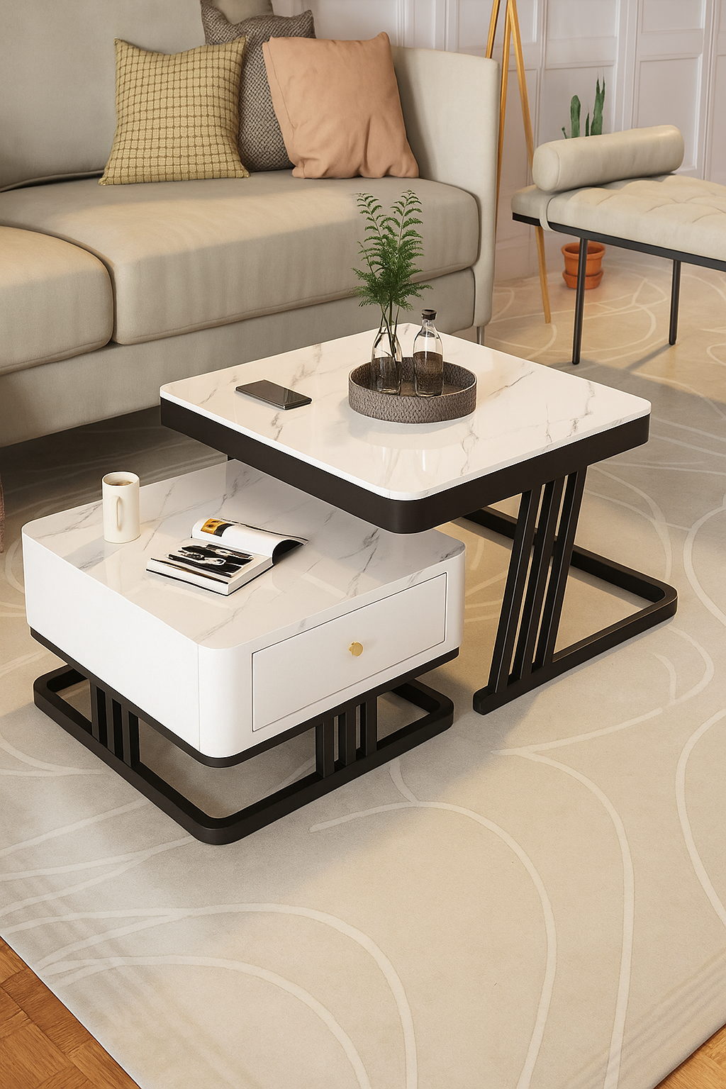 Modern Handmade Square Coffee Table with Metal Base and Engineered Wood Top