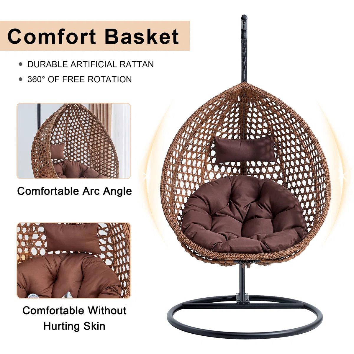 Ouch Cart Freestanding Wicker Egg Chair with Stand & Cushions – Indoor/Outdoor Hanging Swing Chair for Patio, Balcony, Garden, or Living Room