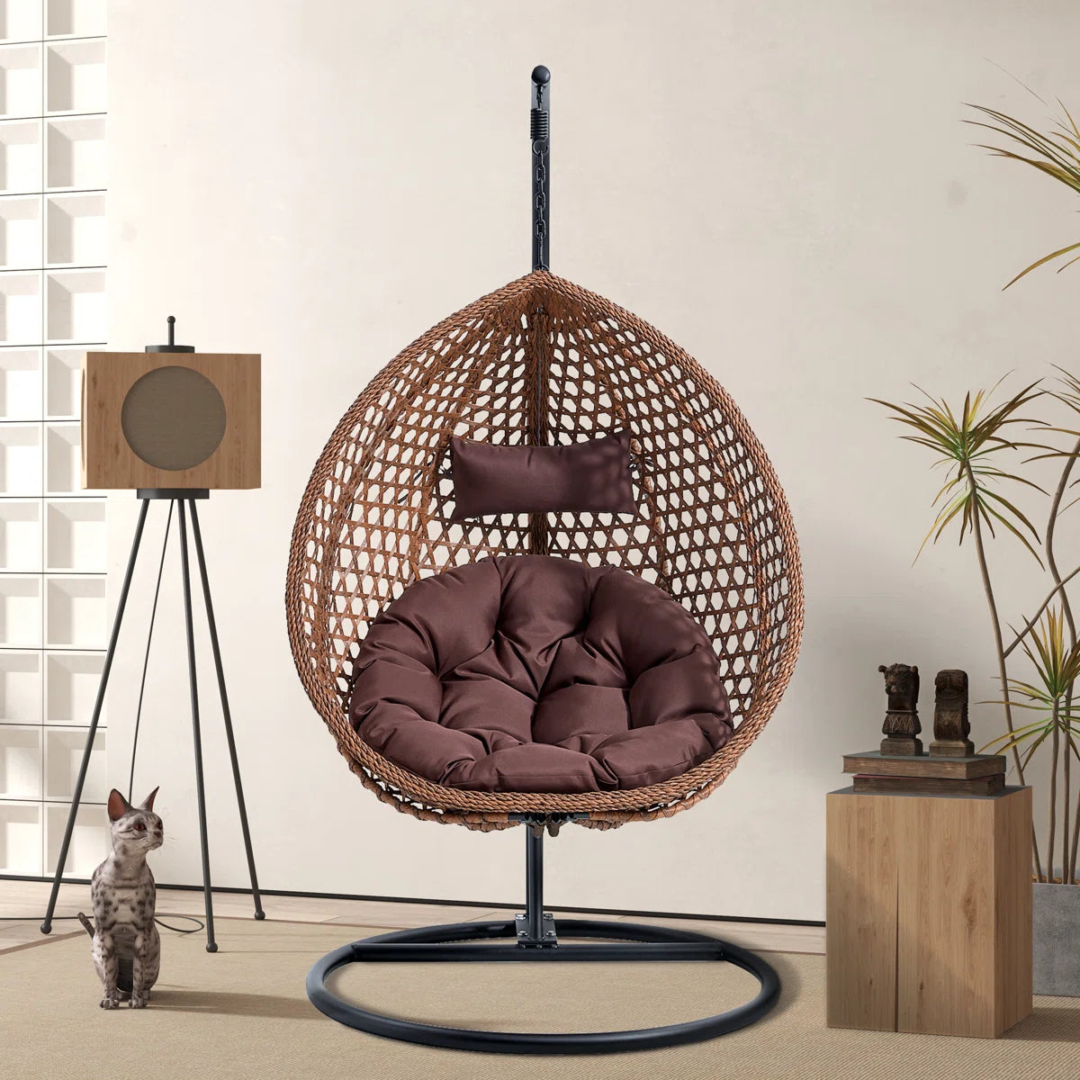 Ouch Cart Freestanding Wicker Egg Chair with Stand & Cushions – Indoor/Outdoor Hanging Swing Chair for Patio, Balcony, Garden, or Living Room