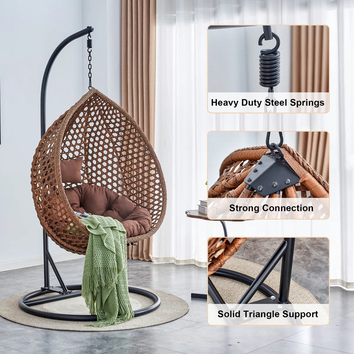 Ouch Cart Freestanding Wicker Egg Chair with Stand & Cushions – Indoor/Outdoor Hanging Swing Chair for Patio, Balcony, Garden, or Living Room