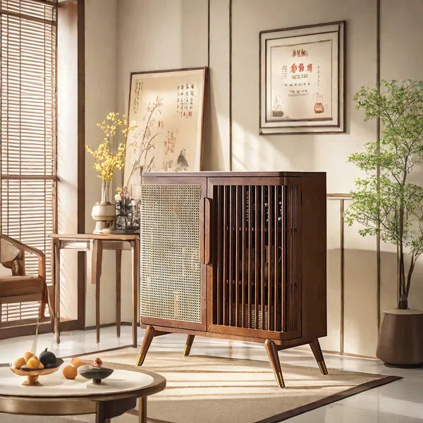 Modern Wabi-Sabi Rattan Cabinet – Solid Wood Storage Cabinet with Shelves and Rattan Doors