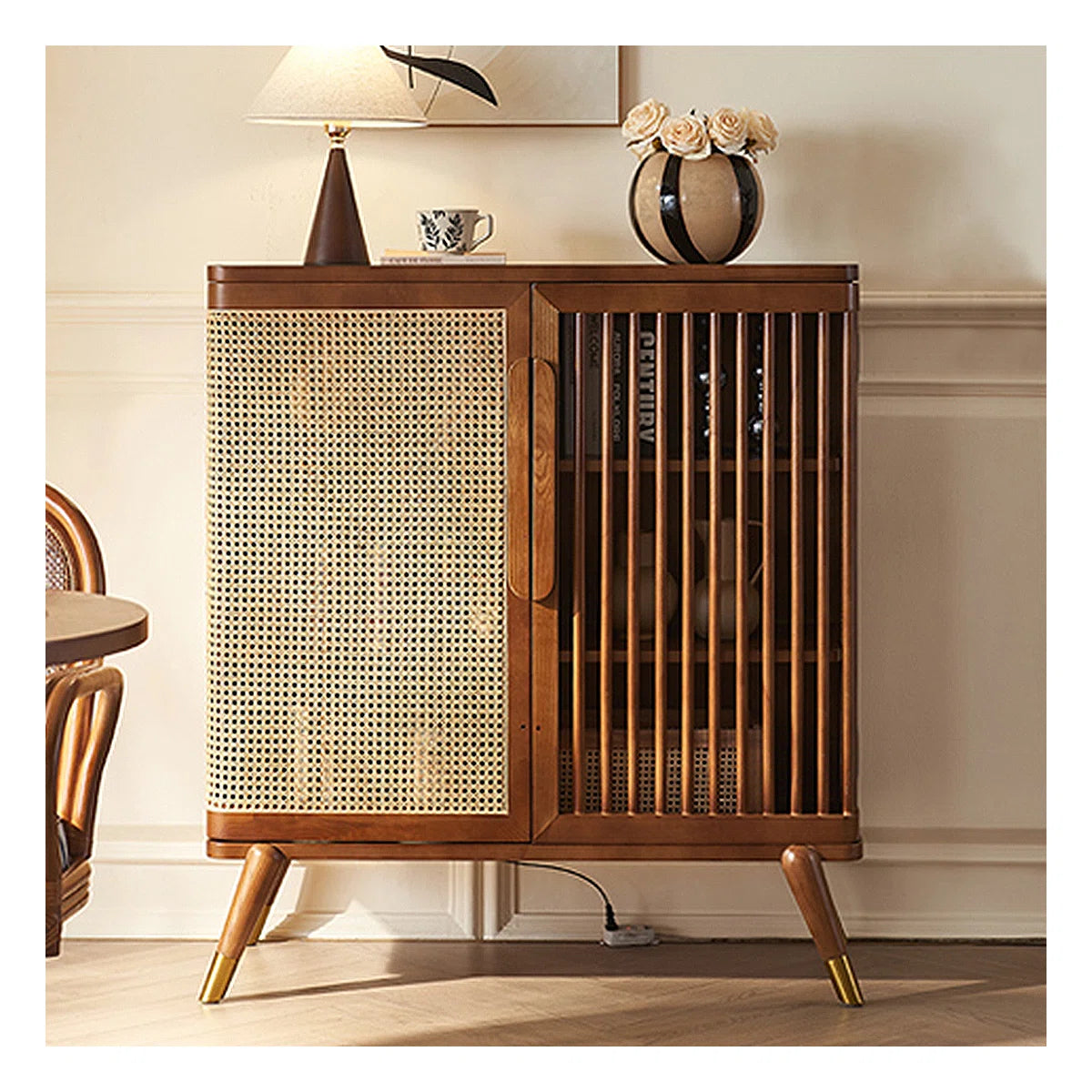 Modern Wabi-Sabi Rattan Cabinet – Solid Wood Storage Cabinet with Shelves and Rattan Doors