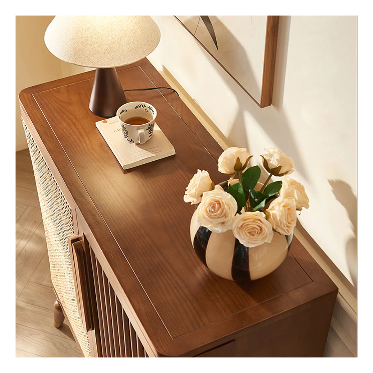 Modern Wabi-Sabi Rattan Cabinet – Solid Wood Storage Cabinet with Shelves and Rattan Doors