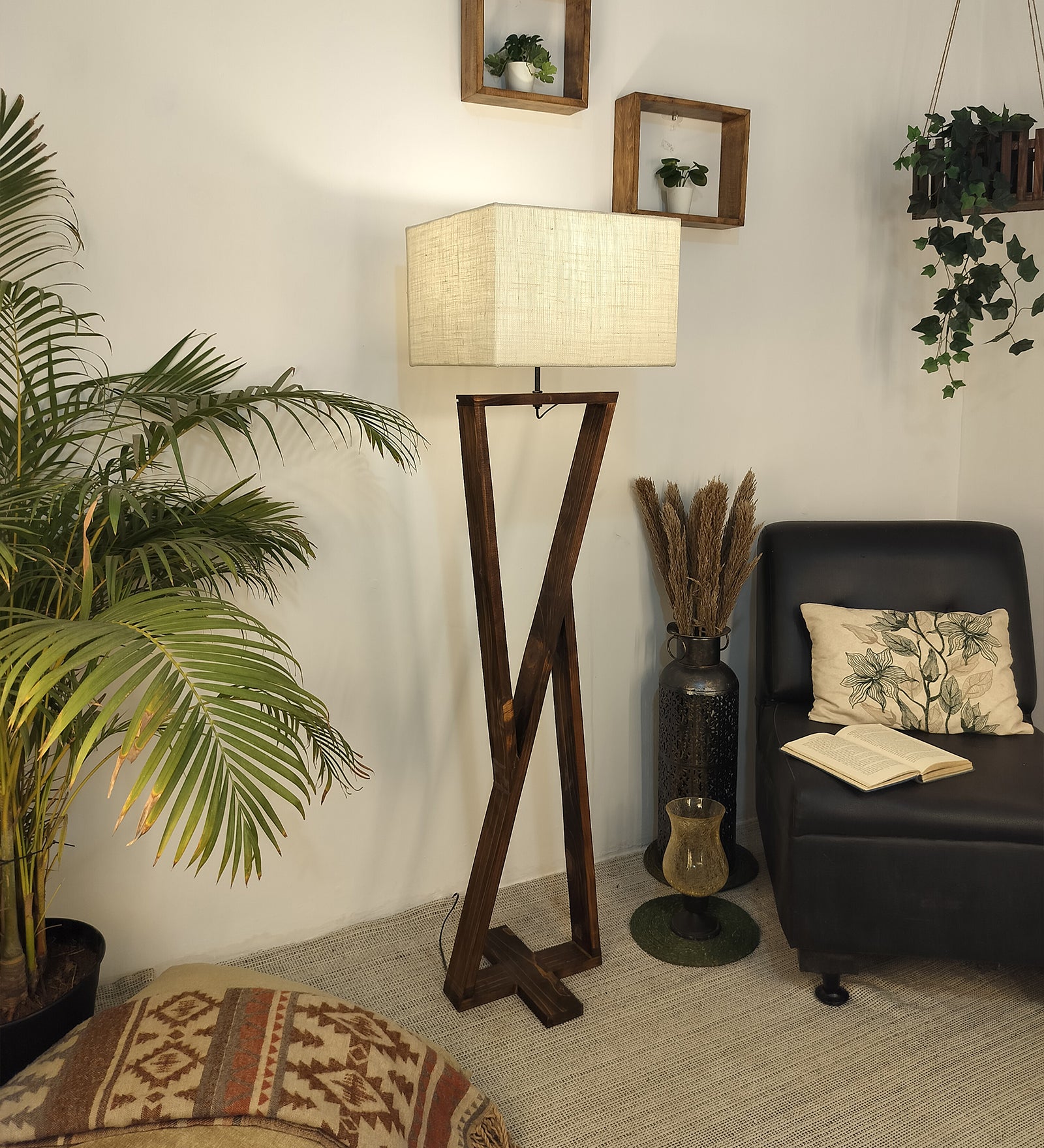 Chloe Wooden Floor Lamp with Brown Base and Jute Fabric Lampshade (BULB NOT INCLUDED)