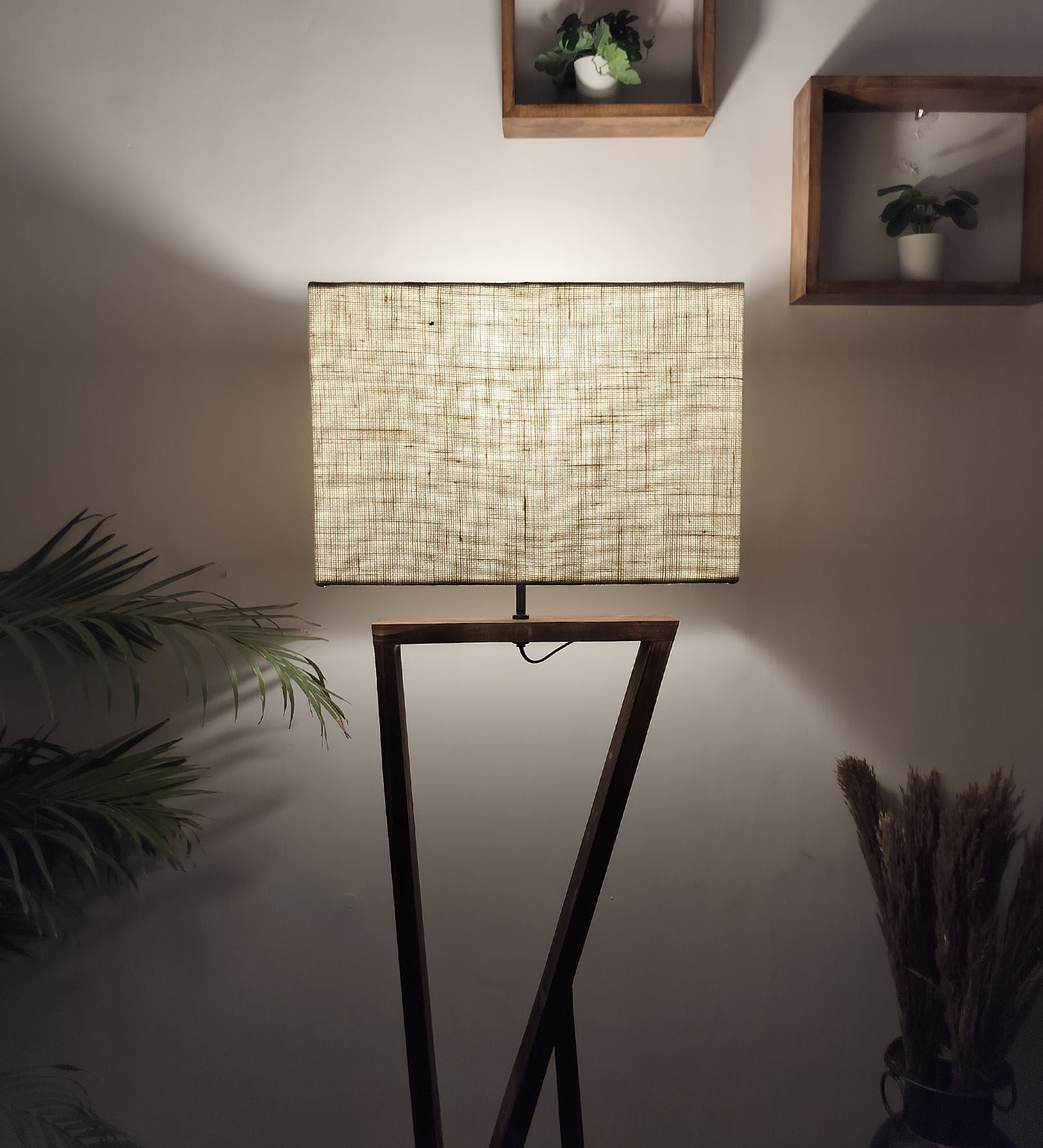 Chloe Wooden Floor Lamp with Brown Base and Jute Fabric Lampshade (BULB NOT INCLUDED)