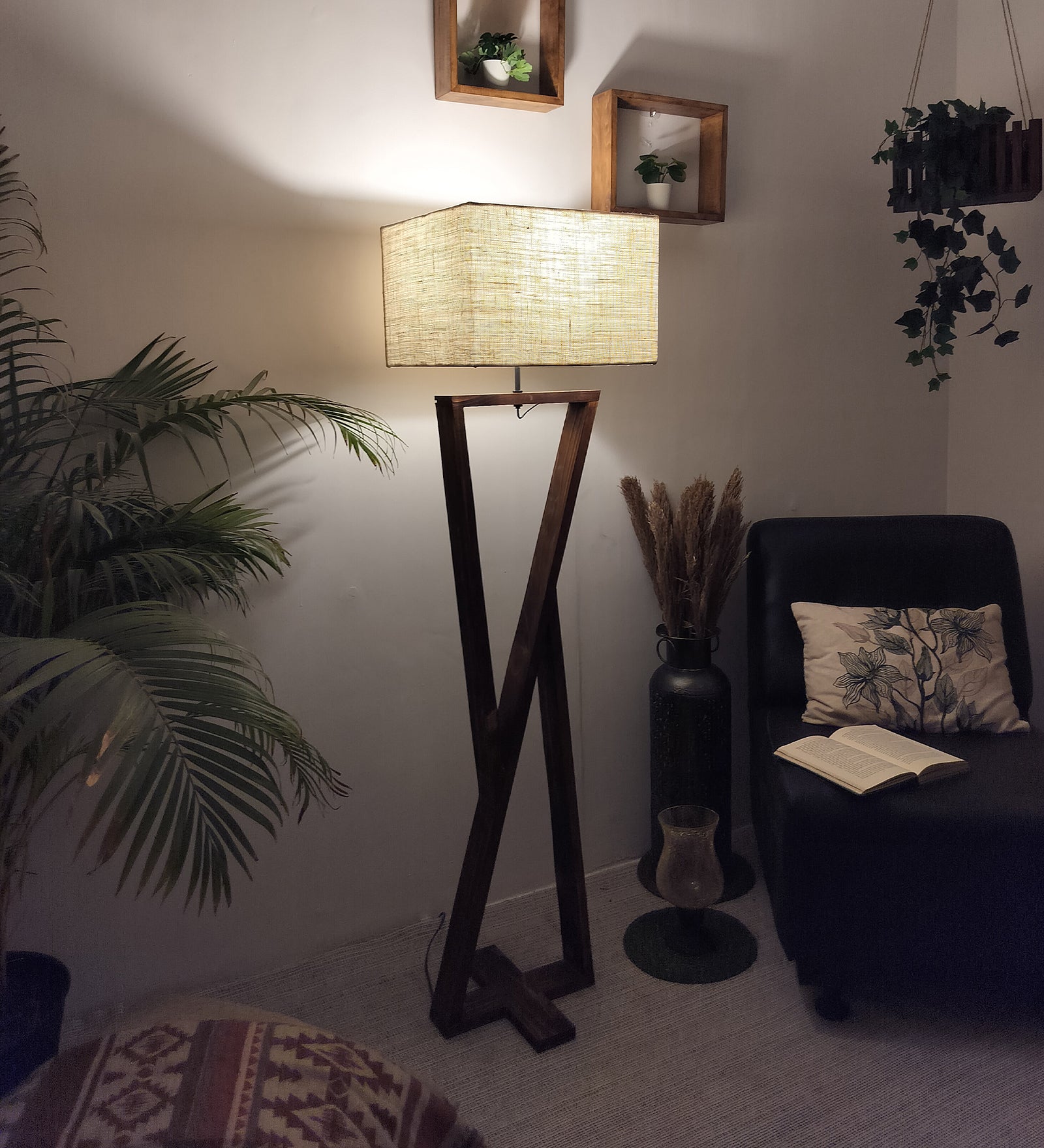 Chloe Wooden Floor Lamp with Brown Base and Jute Fabric Lampshade (BULB NOT INCLUDED)