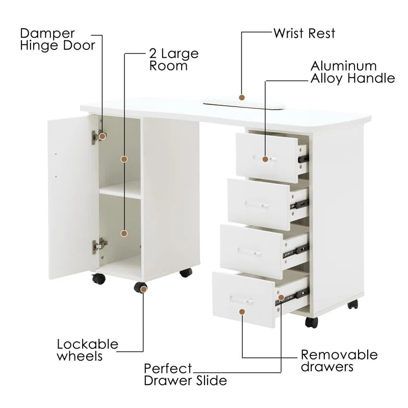 Nail Desk with Drawer Cabinet and Wheels, 47.2'' Vanity Makeup Desk