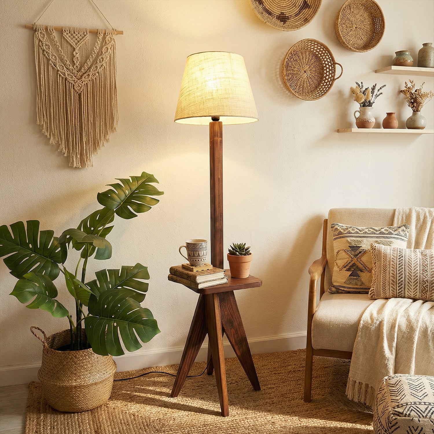 Claude Wooden Floor Lamp with Brown Base and Jute Fabric Lampshade (BULB NOT INCLUDED)