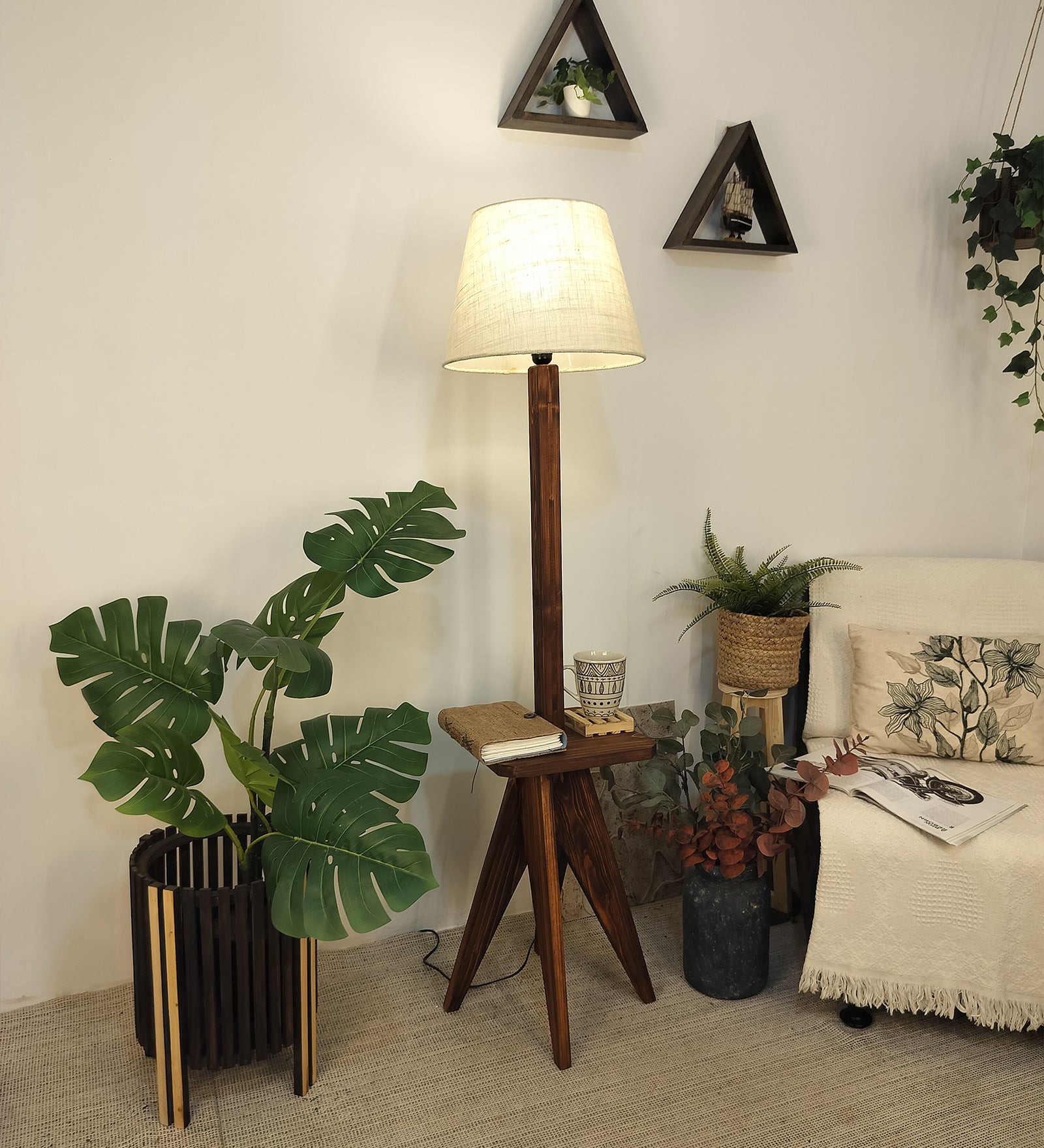 Claude Wooden Floor Lamp with Brown Base and Jute Fabric Lampshade (BULB NOT INCLUDED)