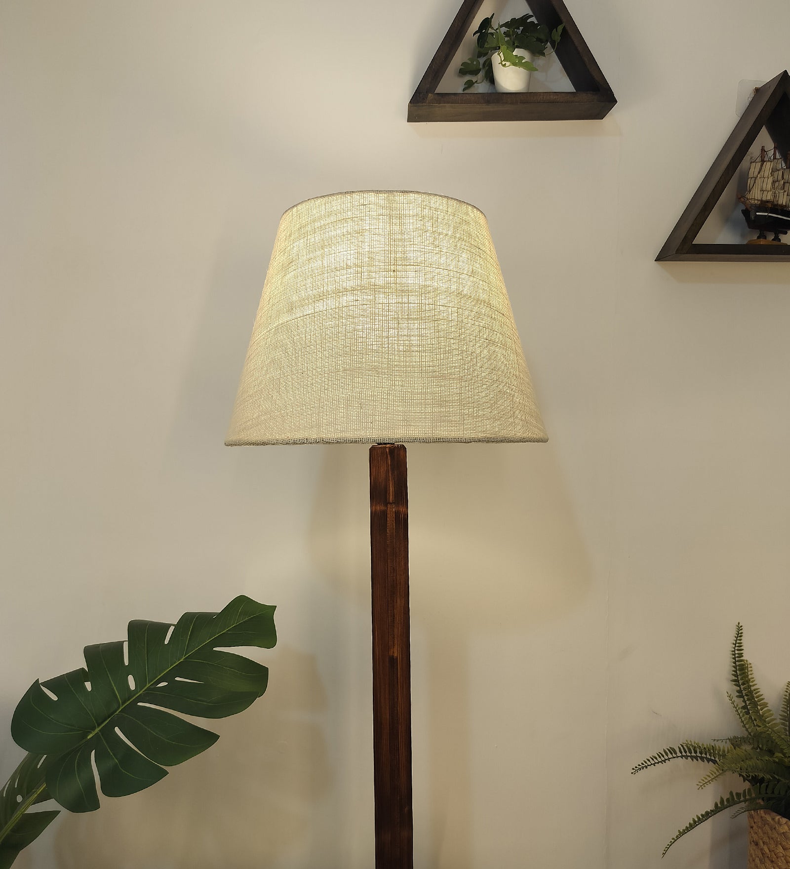 Claude Wooden Floor Lamp with Brown Base and Jute Fabric Lampshade (BULB NOT INCLUDED)