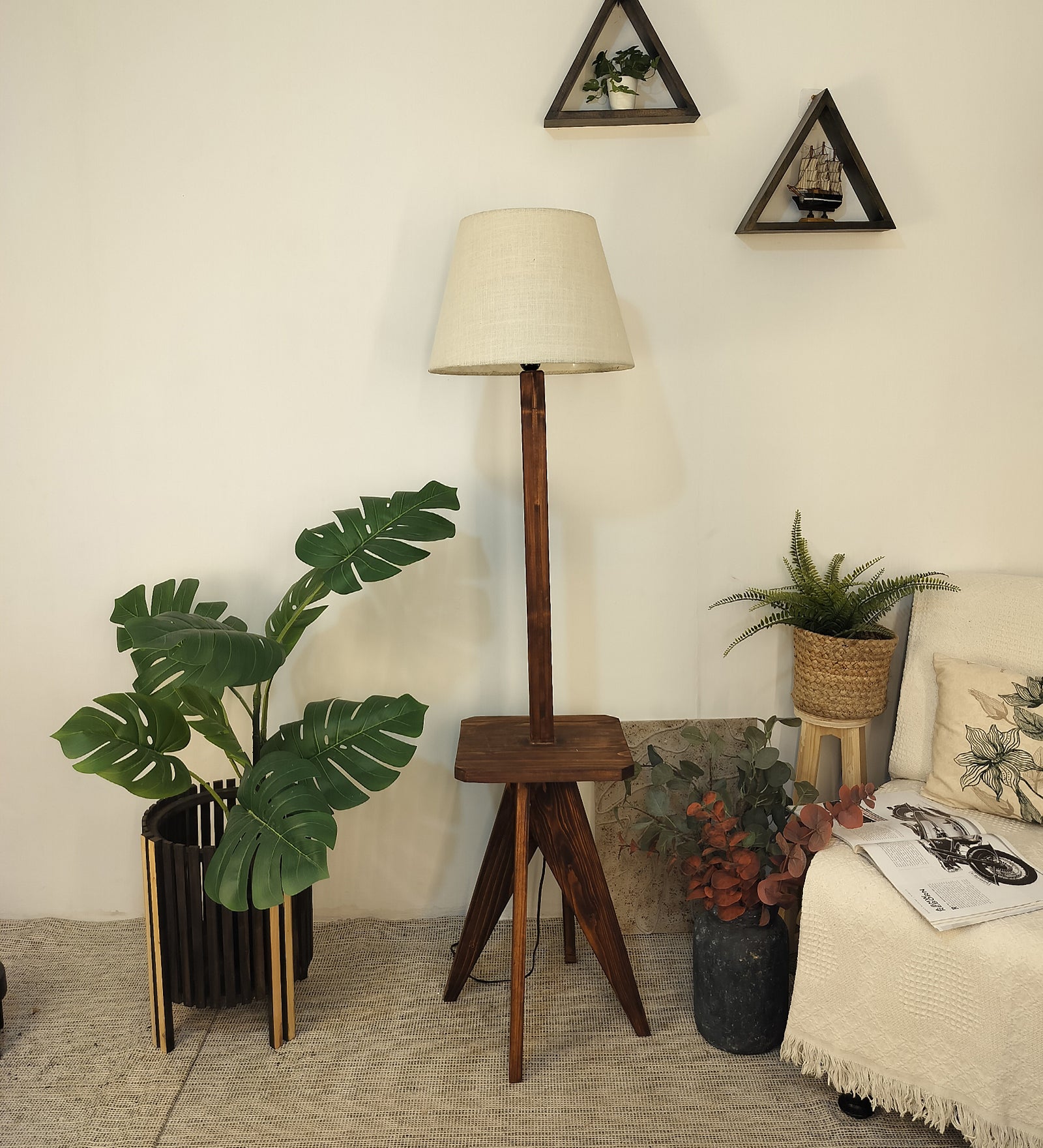 Claude Wooden Floor Lamp with Brown Base and Jute Fabric Lampshade (BULB NOT INCLUDED)