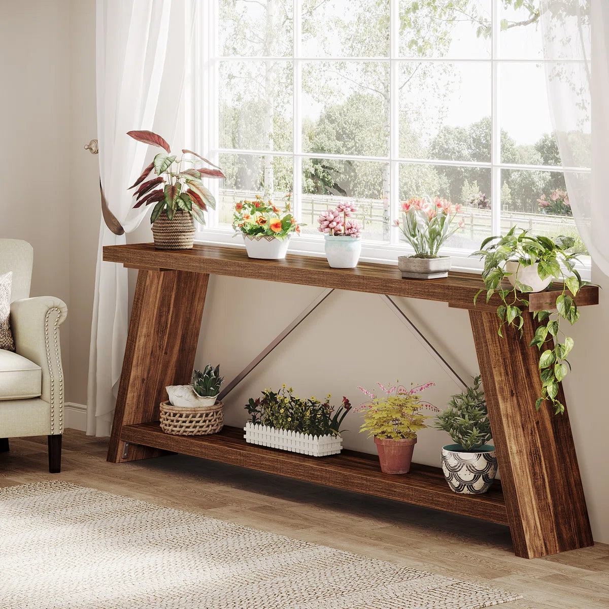 Rustic Brown Console Table – Traditional Wooden Entryway Sofa Table with Shelf Storage