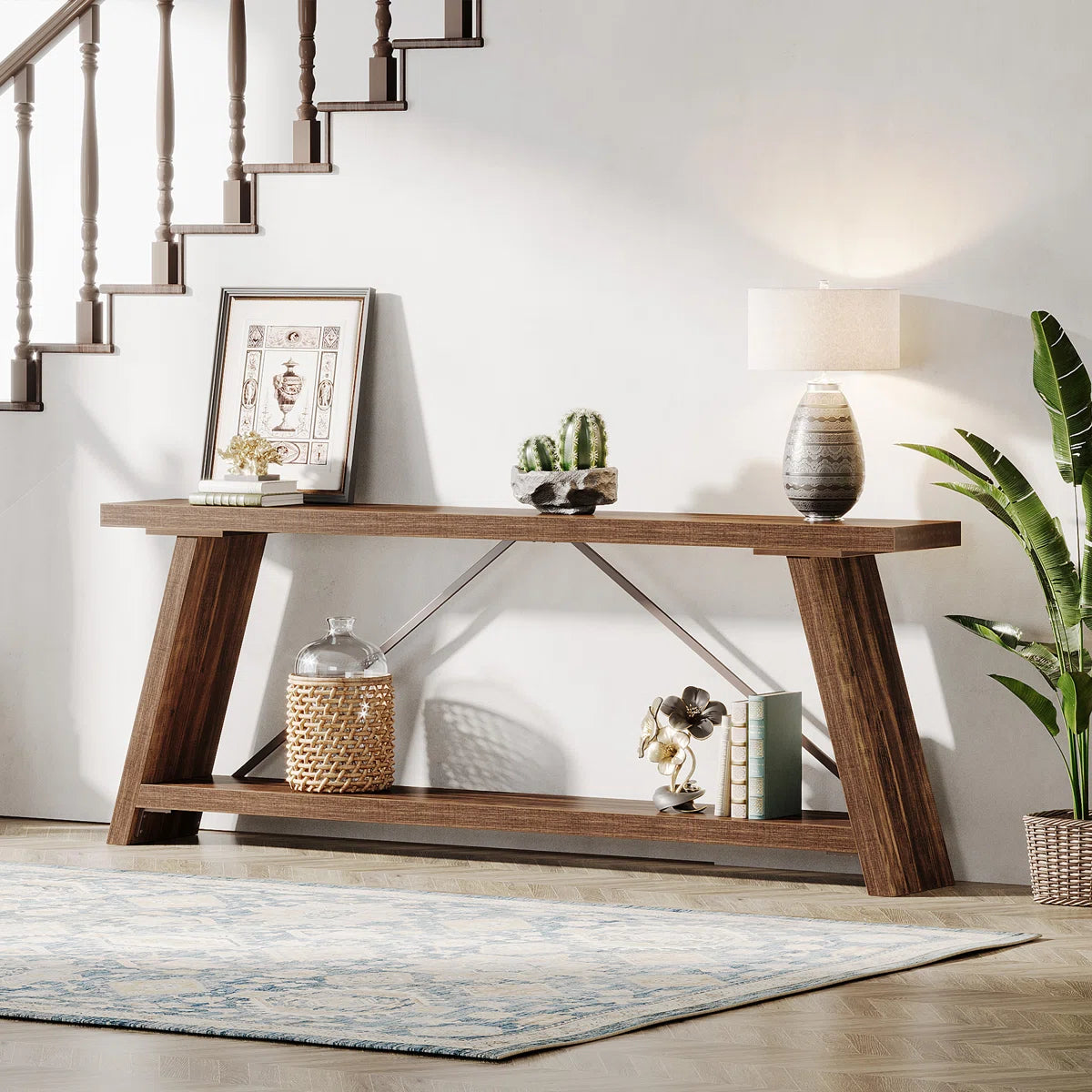 Rustic Brown Console Table – Traditional Wooden Entryway Sofa Table with Shelf Storage