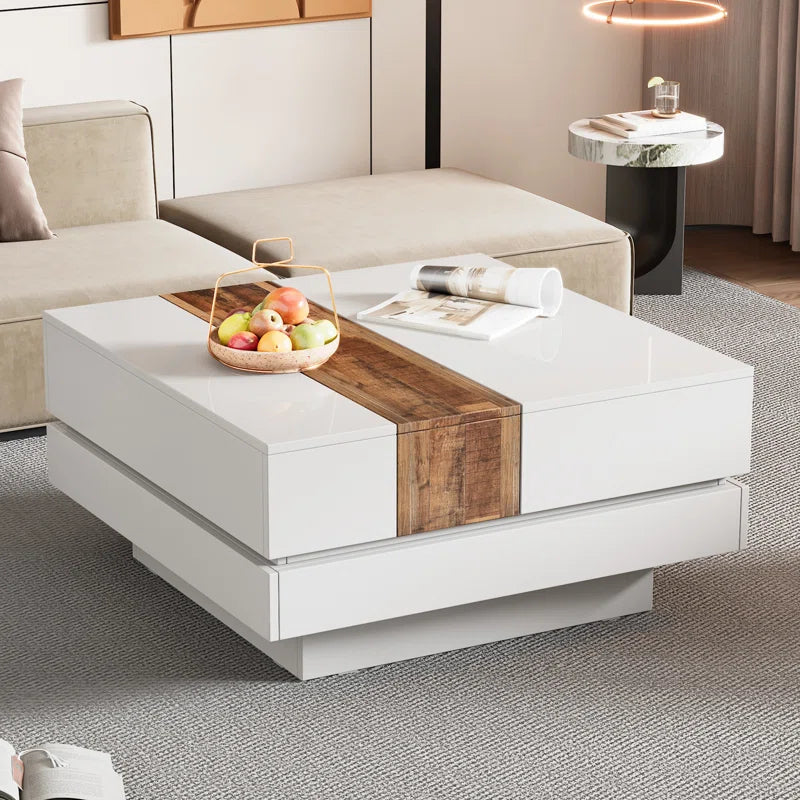 Square Coffee Table  Sliding Top & Hidden Storage – Walnut High Gloss Finish