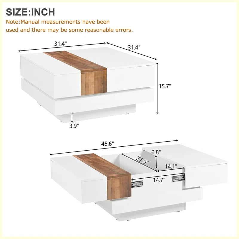 Square Coffee Table  Sliding Top & Hidden Storage – Walnut High Gloss Finish