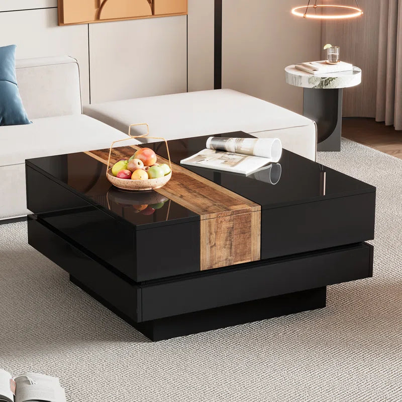 Square Coffee Table  Sliding Top & Hidden Storage – Walnut High Gloss Finish
