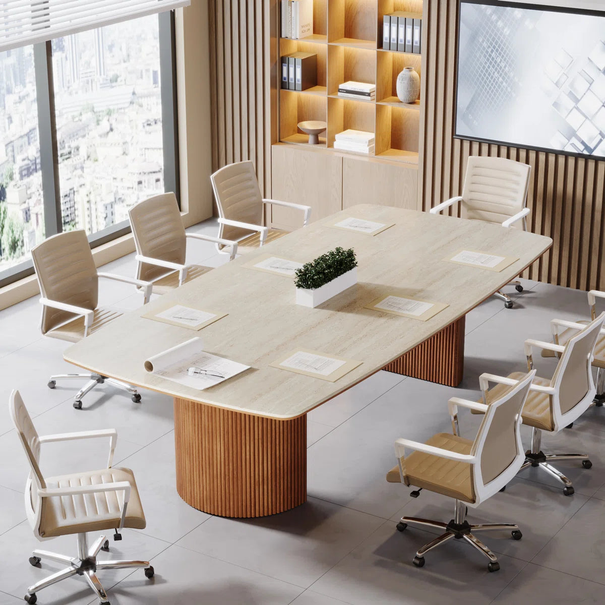 Conference Table With Unique Travertine Slab Top And Semi-Circular Stripe Base-OUCH CART |  Conference table