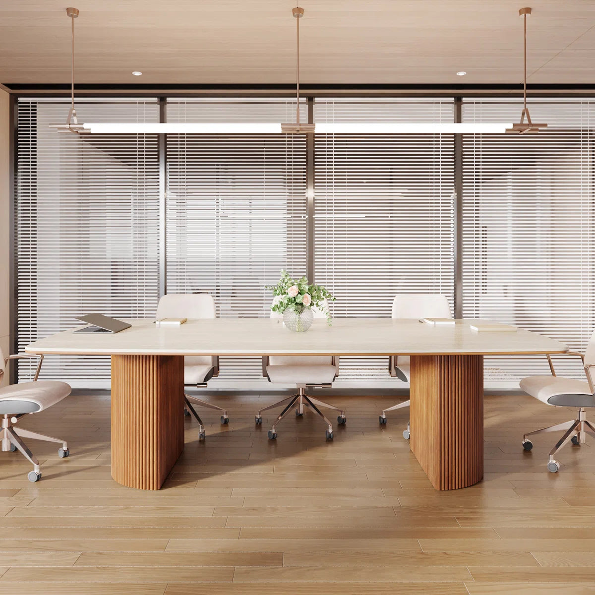 Conference Table With Unique Travertine Slab Top And Semi-Circular Stripe Base-OUCH CART |  Conference table