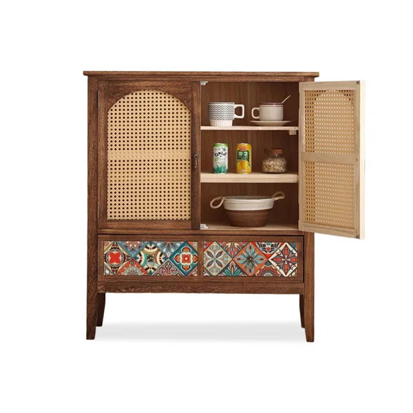 Wooden Rattan Storage Cabinet – Entryway Cabinet with Drawer and Double Woven Doors