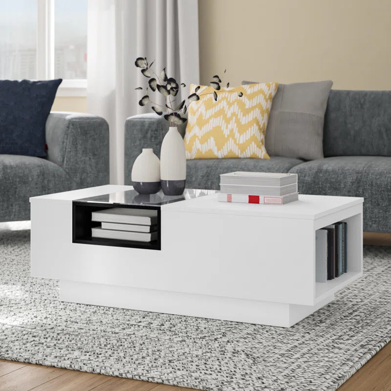 Modern Black & White Coffee Table with Glass Top and Open Shelves